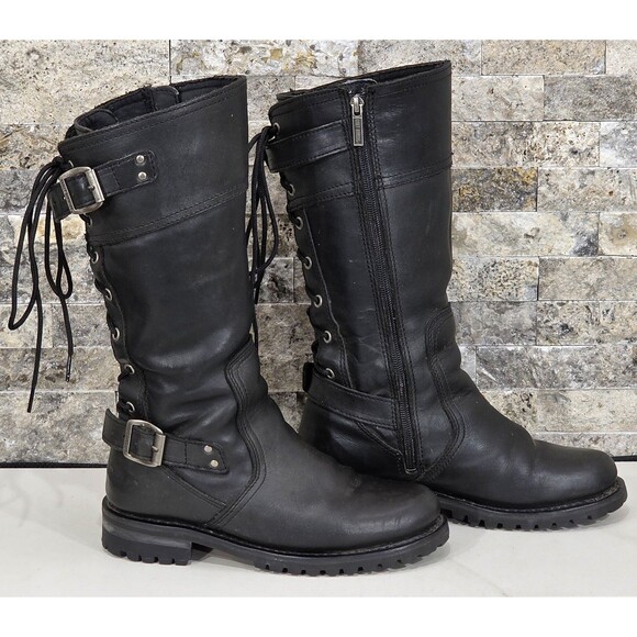 Harley-Davidson Alexa Motorcycle Boots Black Leather Back Lace 85167 Women's 8 - Picture 2 of 16